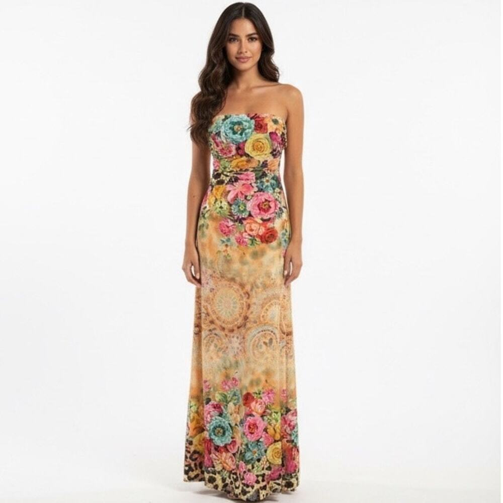 Miss Morena Tropical Floral Strapless Maxi Dress Resort Vacation Large Summer